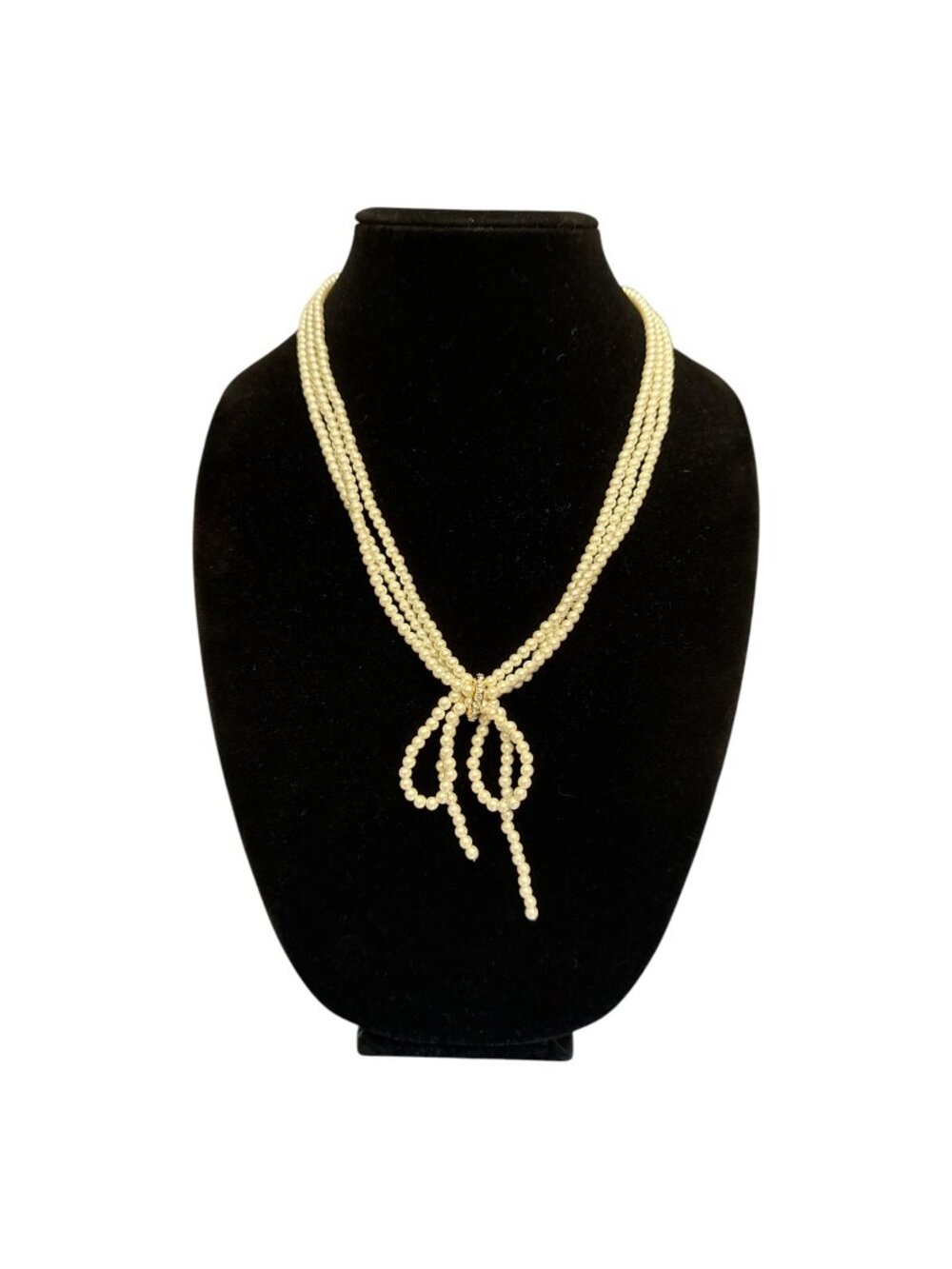 Talbots Faux Pearl Bow Necklace With Gold Rhinestone Elegant Multi-Strand Design